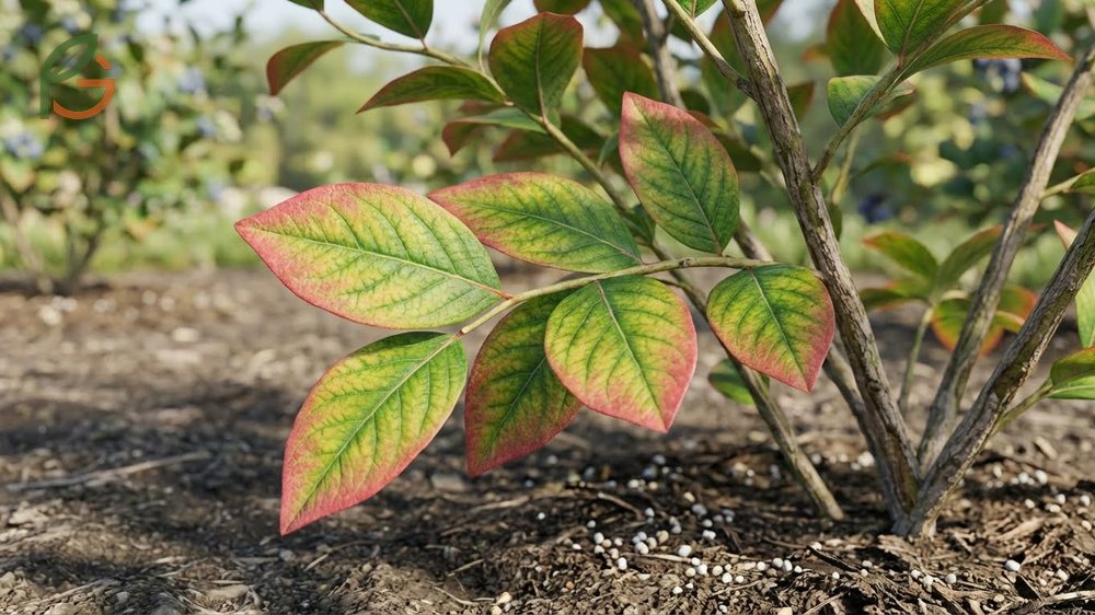 Magnesium deficiency in blueberries causes pink leaf edges with yellowing between green veins on older foliage.