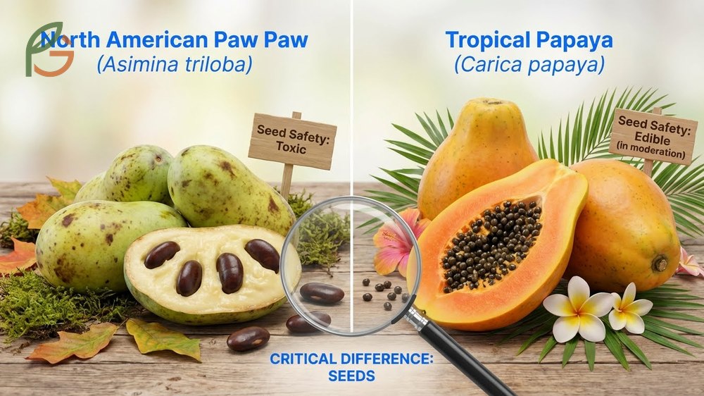 Comparison of paw paw vs papaya difference showing green temperate fruit versus tropical orange papaya.