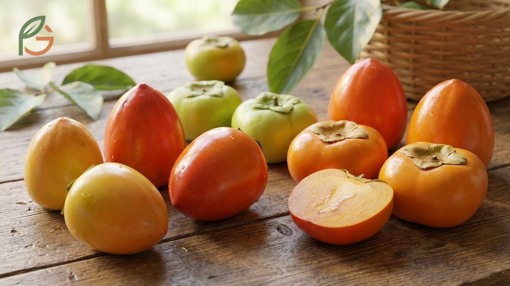 A ripe persimmon features glossy deep orange skin and shape variations from acorn-like Hachiyas to squat Fuyus.