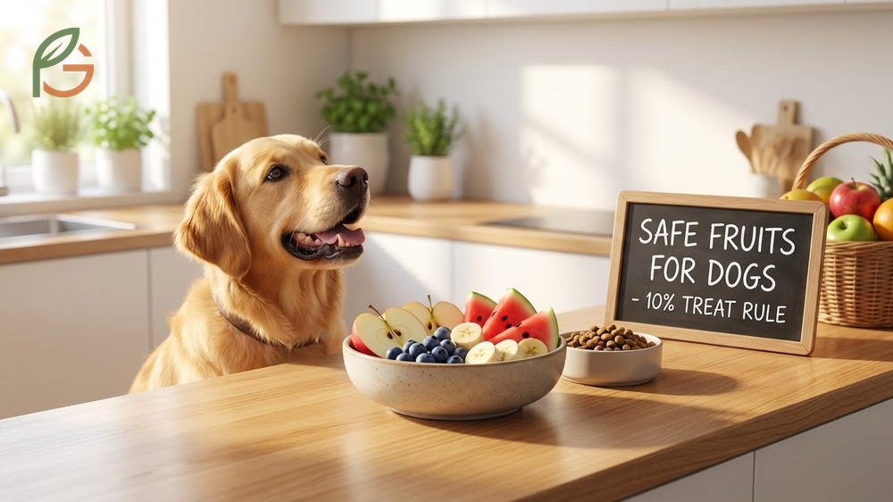 Safe fruits for dogs to eat list comparing dangerous citrus with healthy options like apples and blueberries.