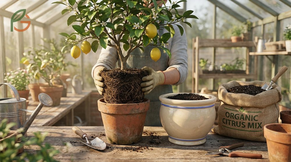How to repot a lemon tree when visible roots grow out of drainage holes every 3 to 4 years.