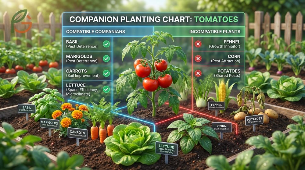 Companion planting chart identifying compatible and incompatible plants for successful tomato gardens.