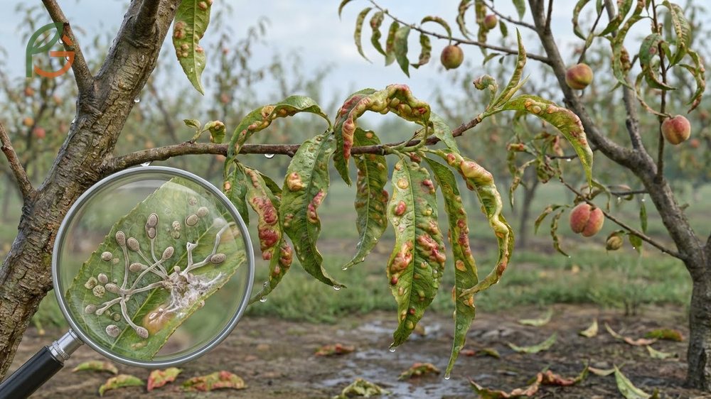 Understanding peach tree leaf curl symptoms including distorted red leaves and fungal spores on spring growth.