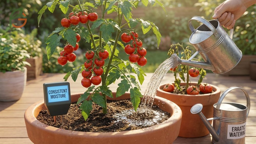 Growing cherry tomatoes in pots involves checking moisture daily and watering deeply until it flows from drainage holes.