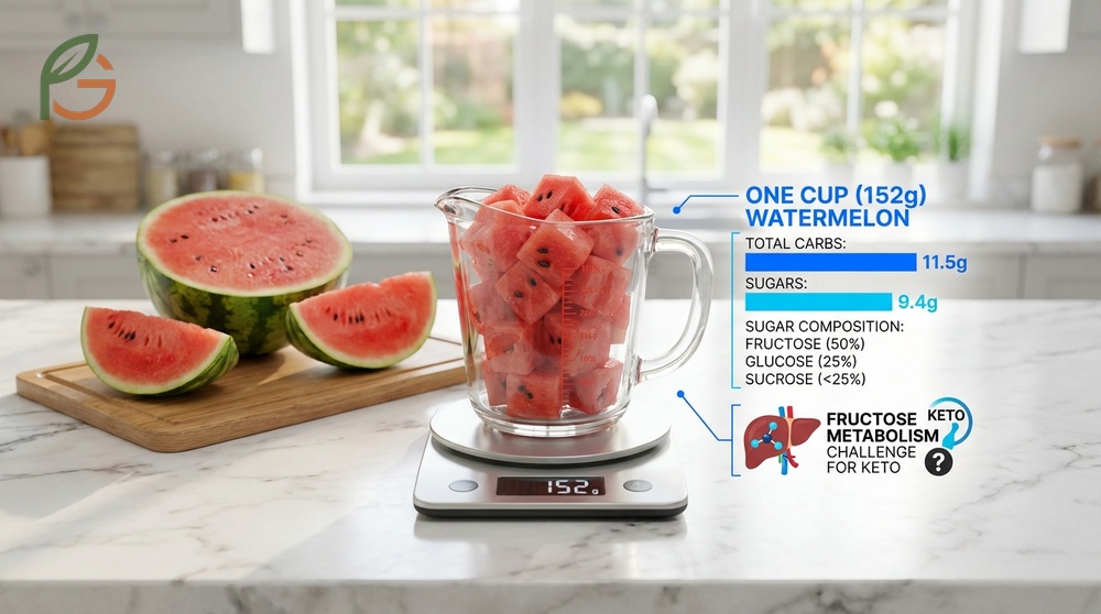 Watermelon carb content per cup includes 11.5g total carbs and 9.4g sugar dominated by fructose and glucose.