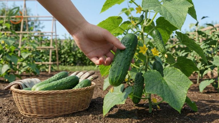 Garden basket filled with perfectly ripe cucumbers harvested at fifty to seventy days after planting for optimal flavor.
