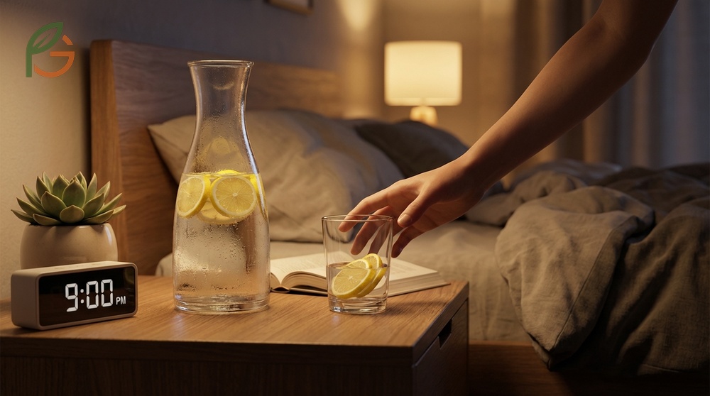 Bedtime hydration routine involves sipping 6 to 8 ounces of warm lemon water slowly to promote relaxation.