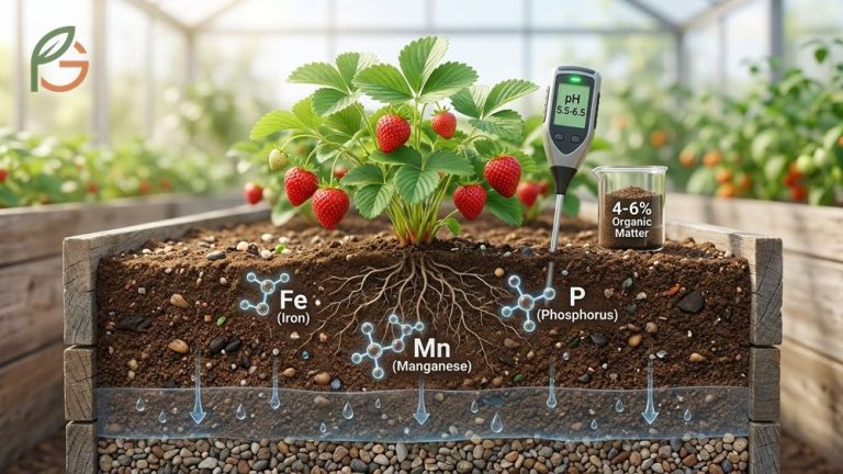 Garden bed prepared with the best soil for strawberries featuring sandy loam texture and organic matter.