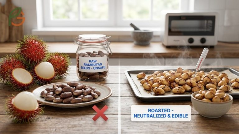 Can you eat rambutan seeds guide explaining how roasting at specific temperatures neutralizes toxic narcotic alkaloids.