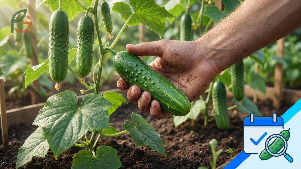 Green cucumber vine showing a developing fruit ready for harvest in the cool morning air to maintain crispness.