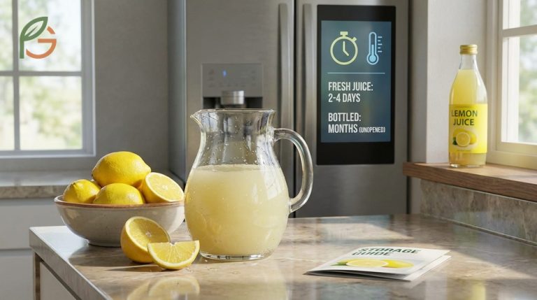 Guide to lemon juice shelf life showing fresh juice lasts four days while bottled options last months.
