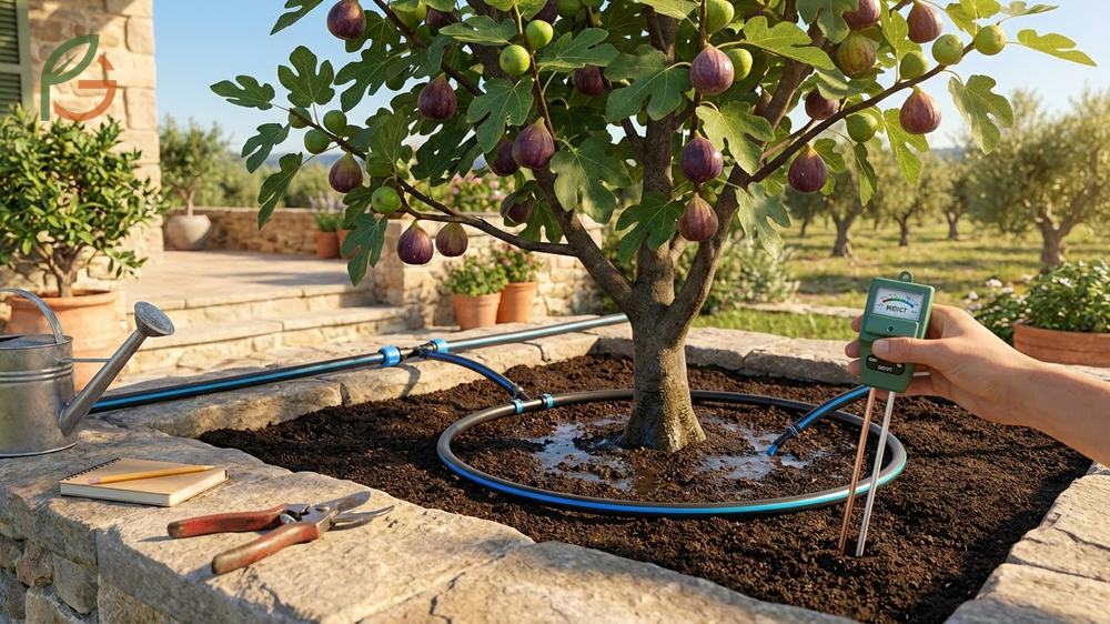 Fig tree care essentials focusing on consistent weekly watering and moderate pruning techniques.