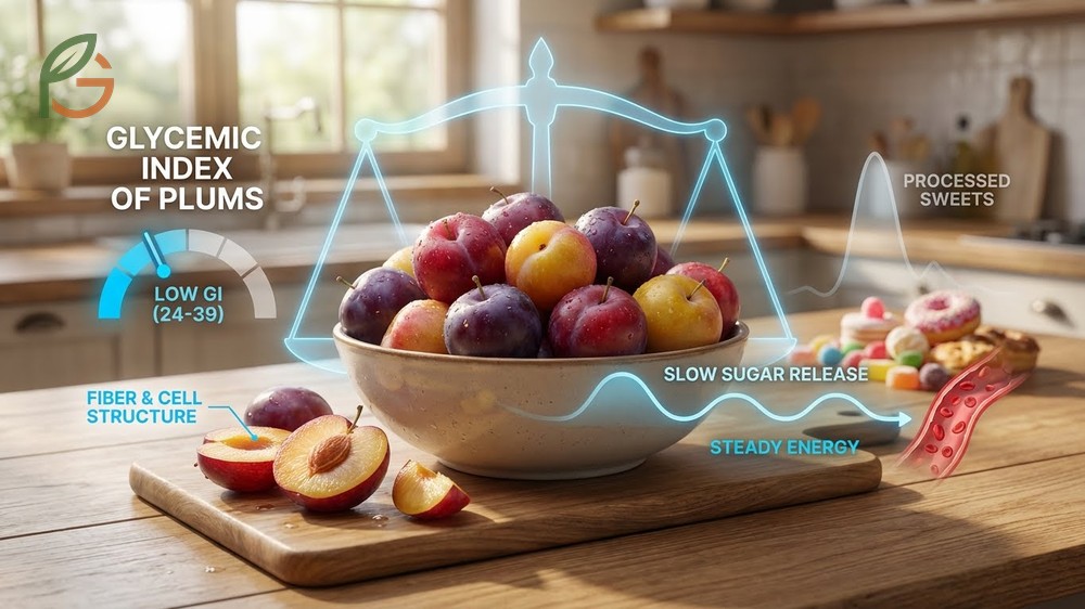 Glycemic index of plums scoring well below 55 on the scale to prevent rapid blood sugar spikes.