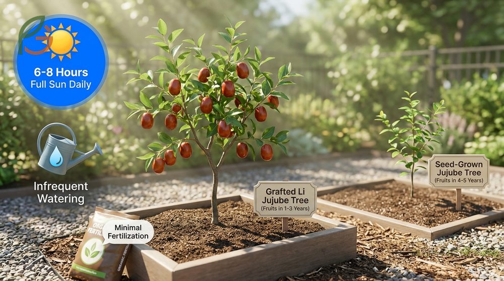 How to grow a jujube tree requiring full sun exposure of 6 to 8 hours daily and well drained soil.