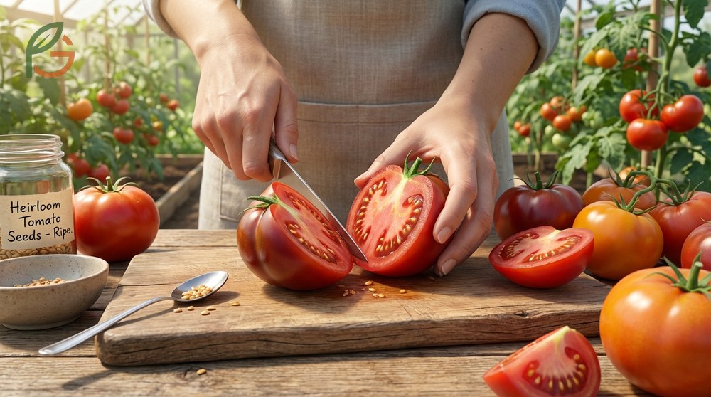 Harvesting tomato seeds from fully ripe open pollinated varieties to ensure offspring match the parent plant.
