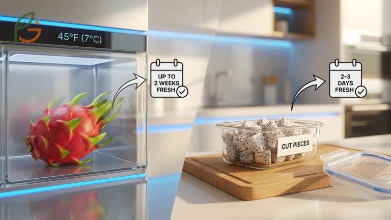 Fresh, uncut pink dragon fruit resting on a kitchen counter at room temperature.