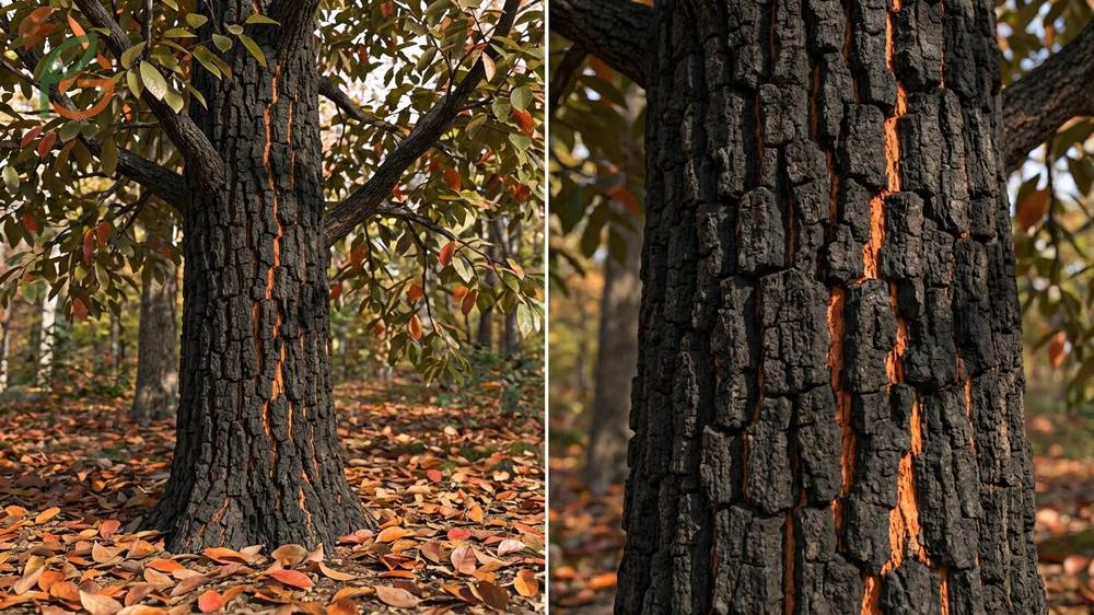 How to identify a wild persimmon tree by looking for distinctive dark blocky bark and oblong leaves with smooth margins.