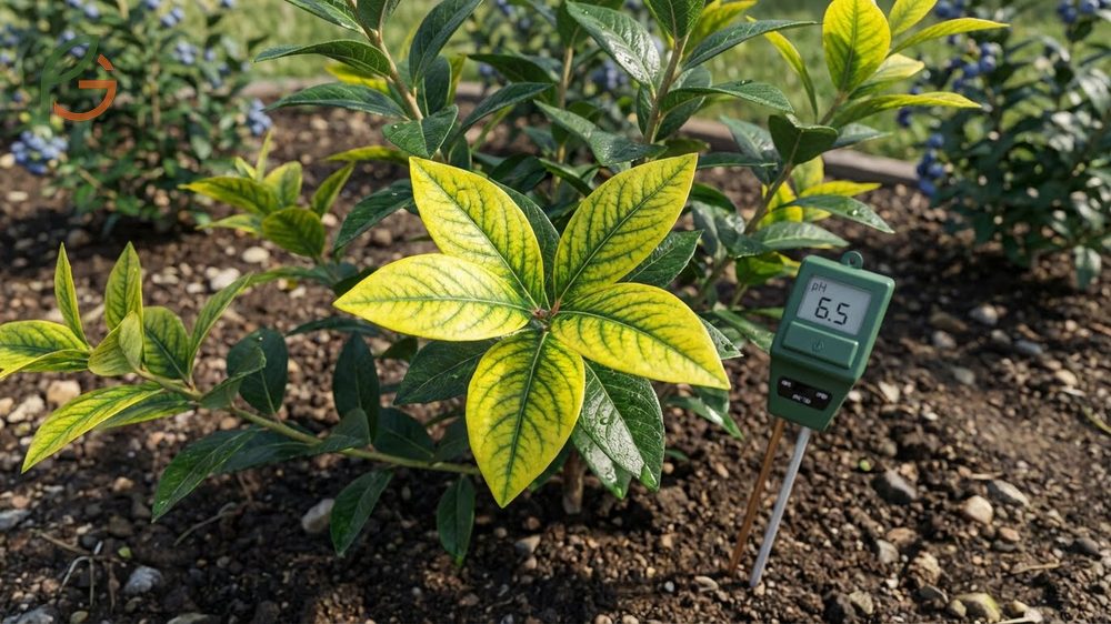 Iron chlorosis blueberries appear as yellow young leaves with green veins due to soil pH levels rising above 5.2.