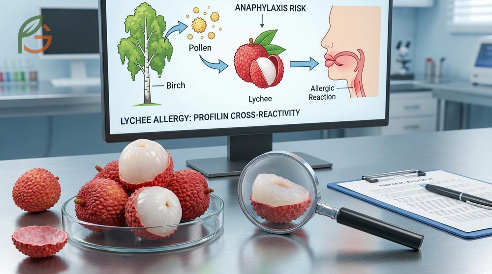 Lychee allergic reactions may cause oral itching or swelling due to profilin cross-reactivity with birch pollen.