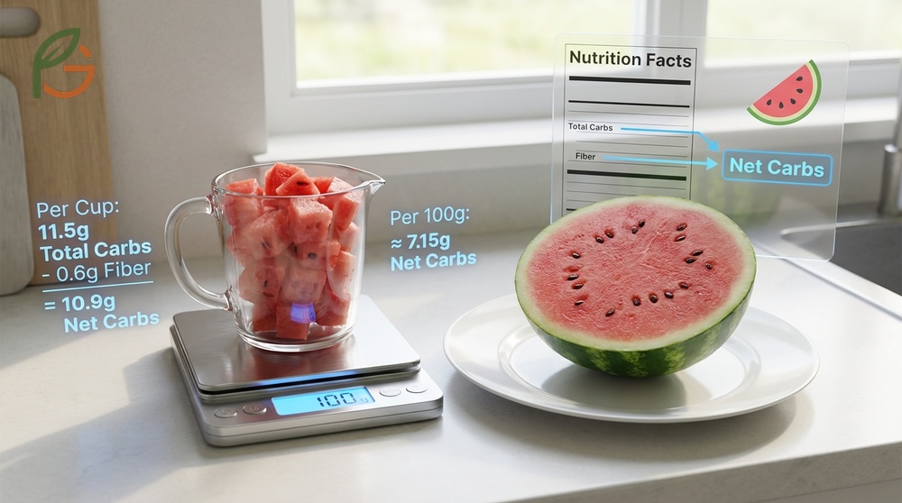 Net carbs watermelon calculation shows 10.9g net carbs per cup due to very low fiber content of just 0.6g.