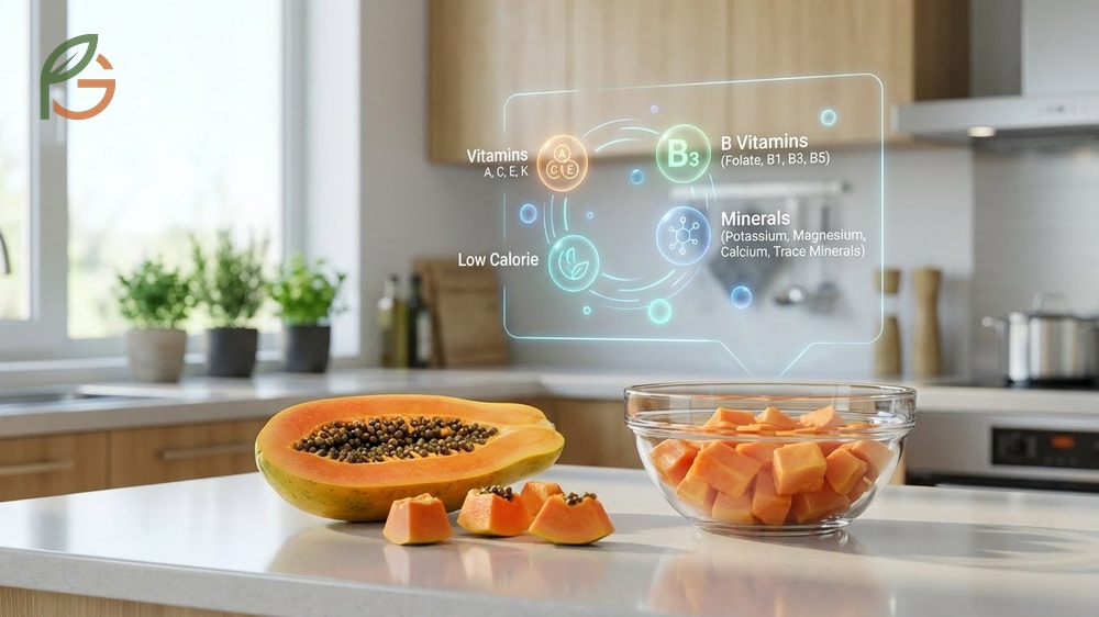 Detailed view of papaya flesh rich in vitamins A C and E plus essential minerals like potassium and magnesium.