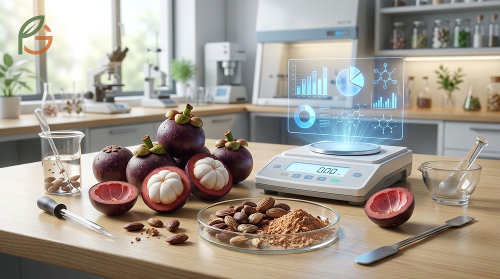 Nutritional profile of mangosteen seeds reveals high fiber content at 15g per 100g dry weight.