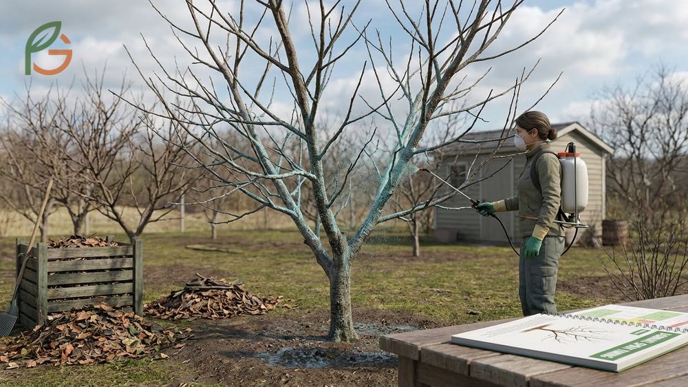 Peach tree leaf curl treatment involving copper fungicide application during the dormant winter season.