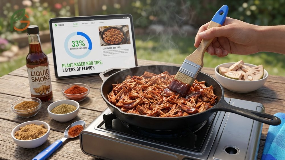 Plant based BBQ tips for building flavor layers with liquid smoke and molasses.