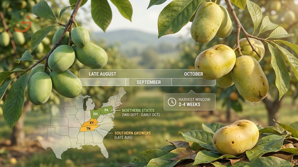 Ripe paw paws on a tree showing yellow-green skin and brown spots indicating harvest readiness.