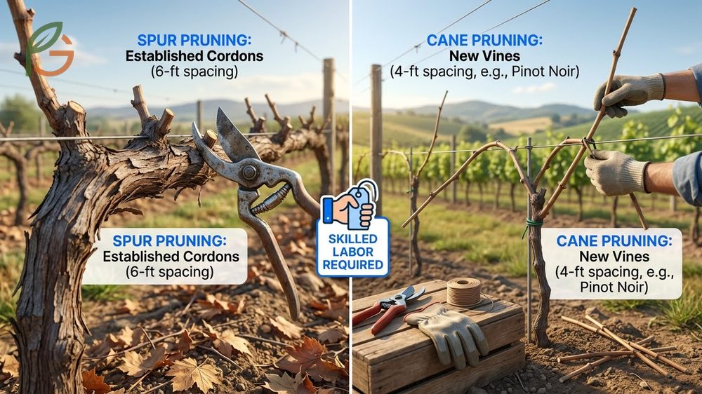 Which pruning technique to choose based on vineyard design, labor availability, and disease pressure factors.