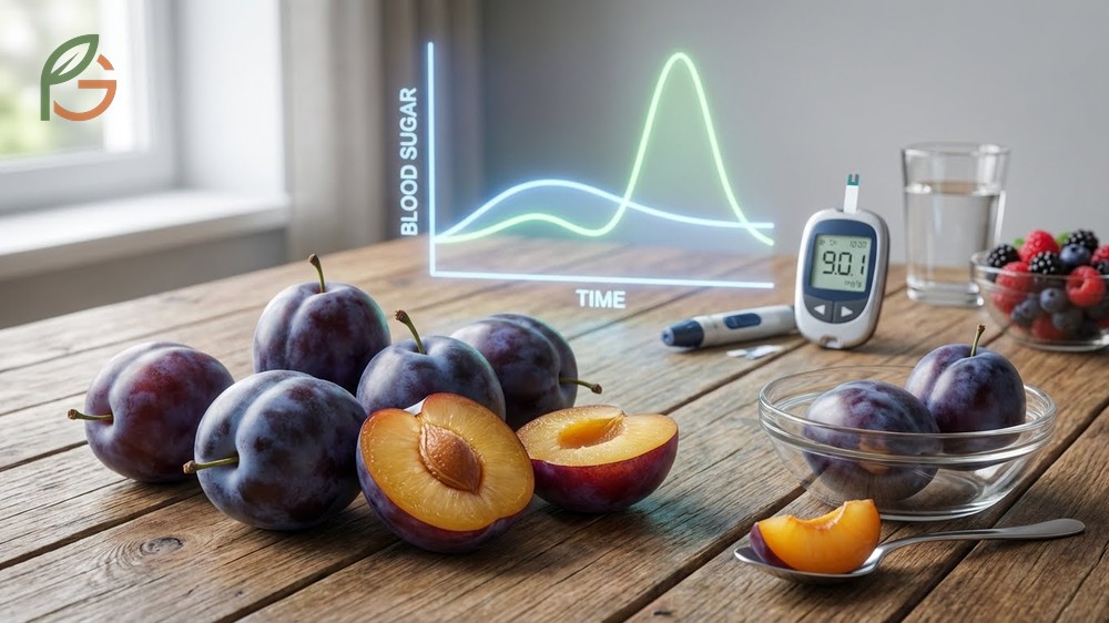 Blood sugar impact of plums showing gradual glucose release due to the dense fiber matrix.