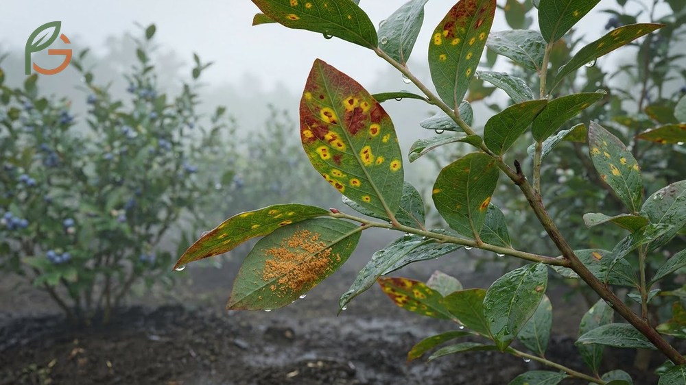 Blueberry rust treatment targets yellow spots on leaf tops and orange spores on undersides using fungicides.