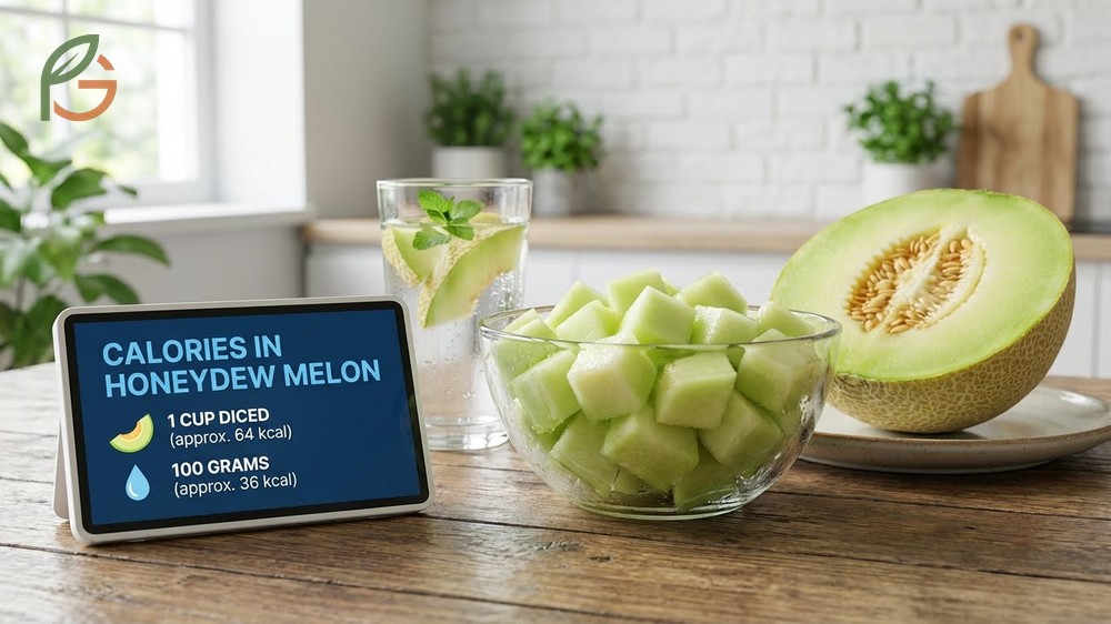 Calories in honeydew melon breakdown showing 36 calories per 100g serving for weight management.