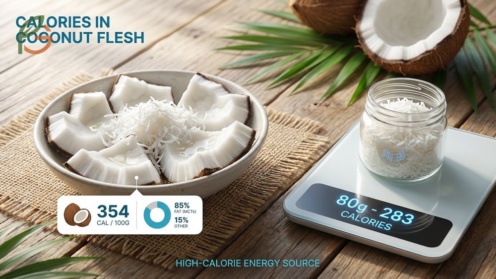Calories in coconut flesh reach 354 per 100 grams making it an energy dense food source.