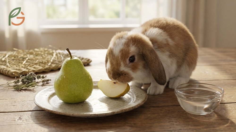 Can rabbits eat pears despite high sugar levels of 9.8g per 100g requiring strict moderation for gut health.