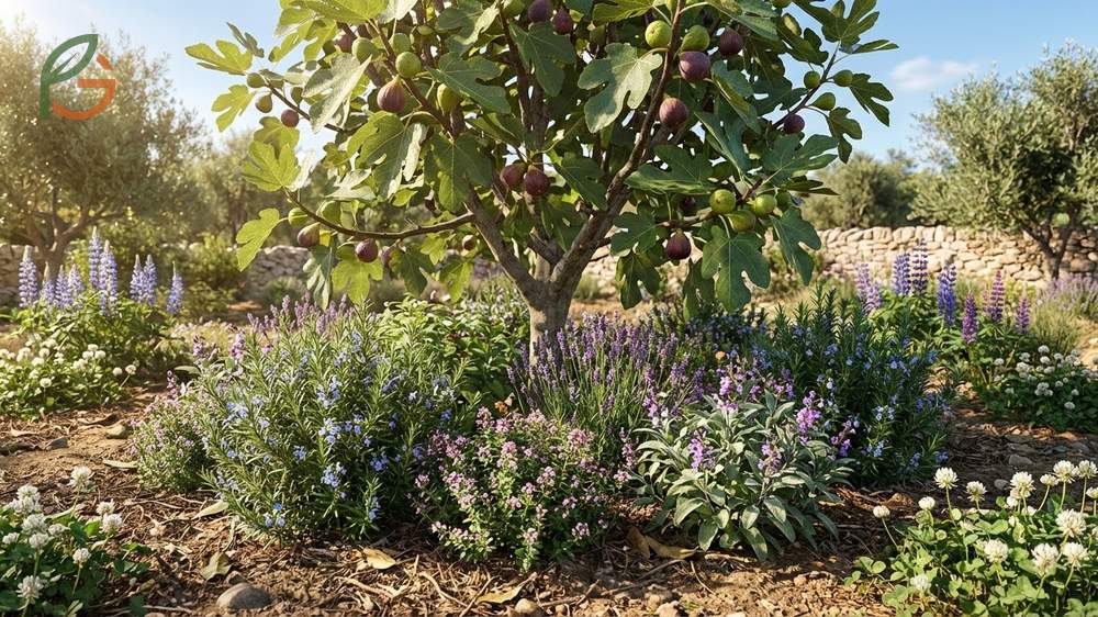 Companion plants for fig trees like rosemary and lavender that thrive in well-drained soil.