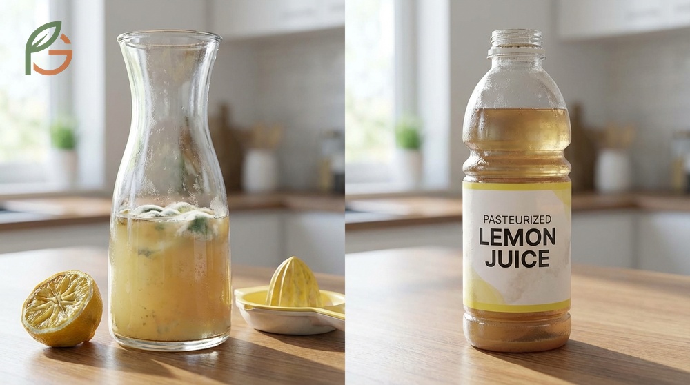 Lemon juice spoils due to oxidation and bacterial growth despite its high natural citric acid content.