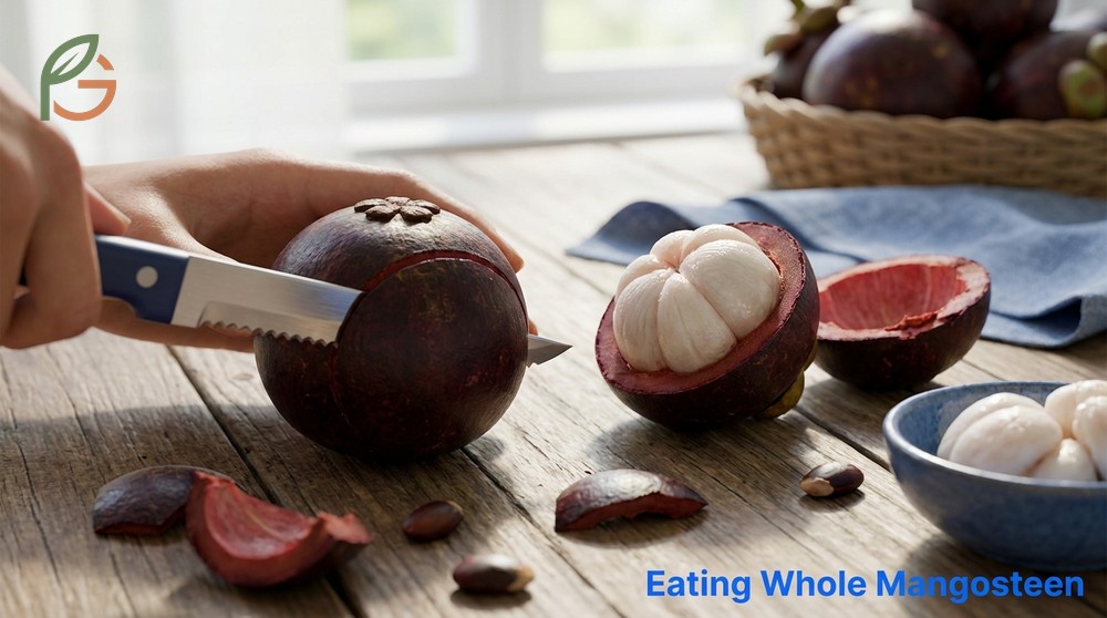 Eating whole mangosteen involves consuming the white flesh segments and discarding the bitter seeds.