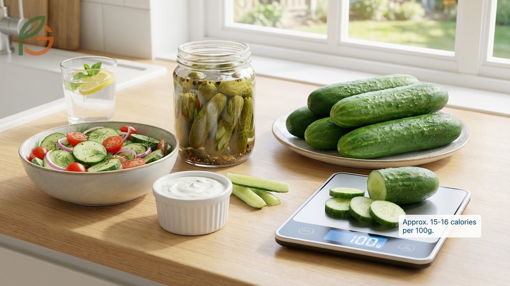 How many calories in a cucumber showing 16 calories per cup of sliced produce for low-calorie snacking.