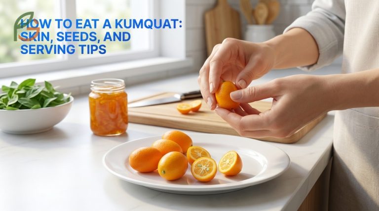 How to eat a kumquat guide covering whole fruit consumption and nutritional benefits like 44mg of vitamin C per 100g.