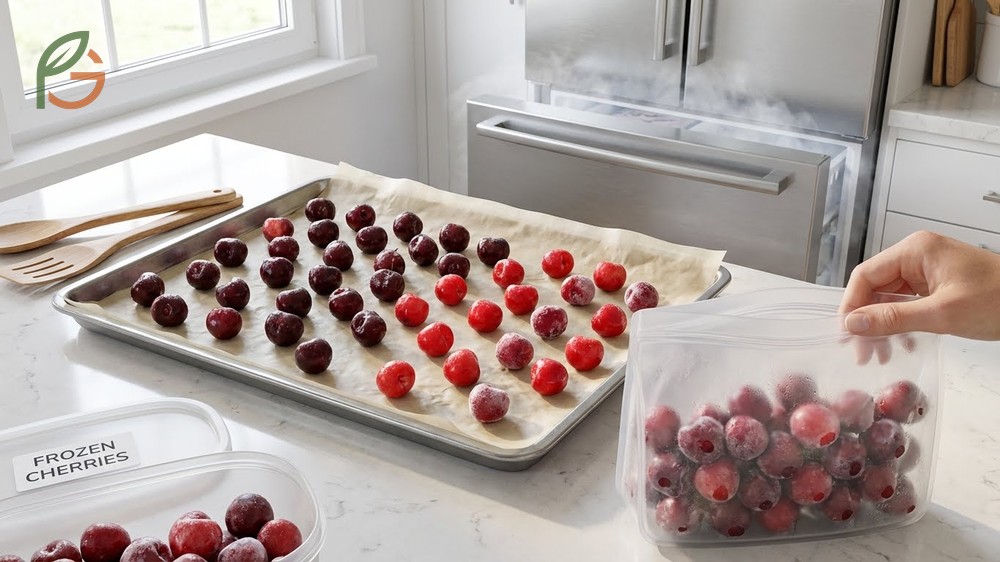 How to freeze cherries steps using baking sheets for flash freezing to prevent clumping and ensure perfect texture.
