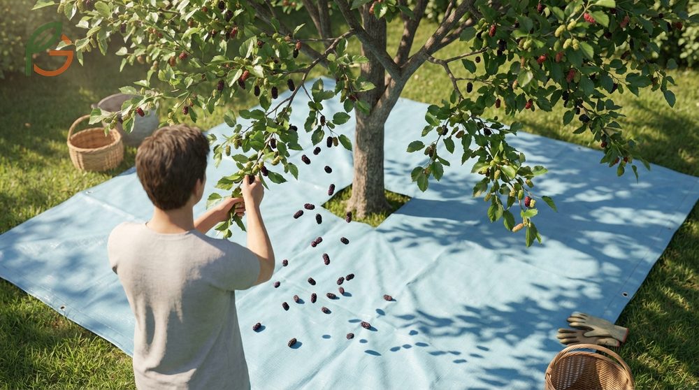 How to harvest mulberries with a tarp by gently shaking branches to collect only ripe fruit and avoid dirt contamination.