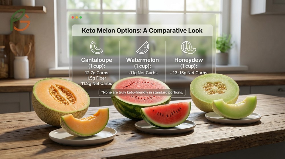 Keto melon options comparison reveals cantaloupe and honeydew have similar carb counts to watermelon but more fiber.