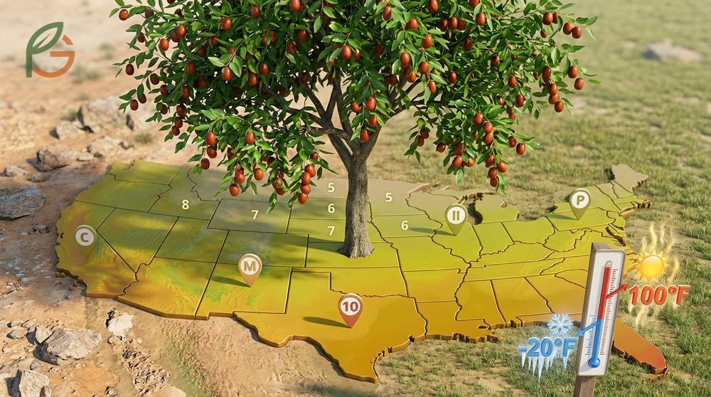 Jujube tree growing zone details showing hardiness from zone 5 to 10 and tolerance for heat over 100 degrees Fahrenheit.