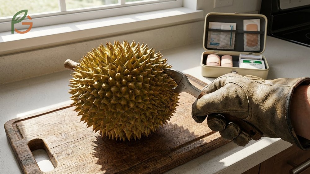 Opening durian safely requires using thick gloves to protect hands from sharp spikes and a stable surface.