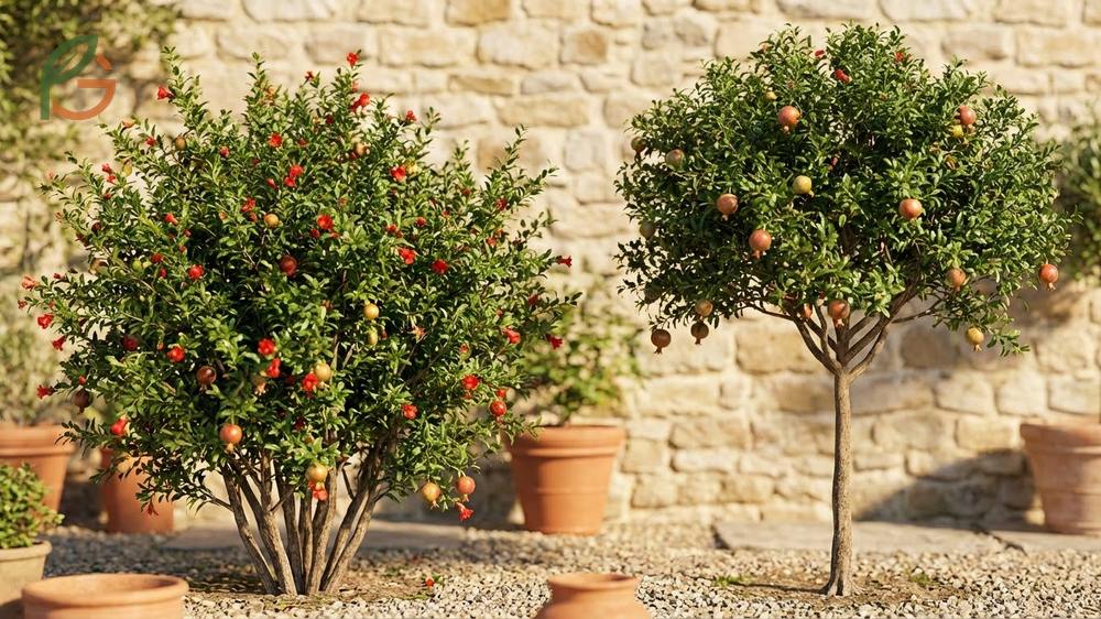 Do pomegranates grow on trees naturally or form multi-stemmed shrubs that require training.