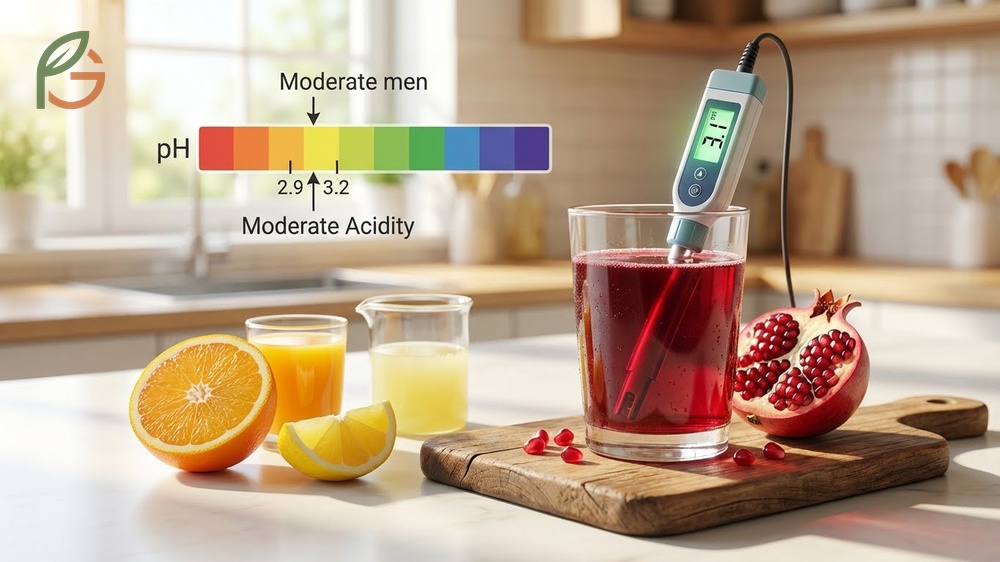 Is pomegranate juice acidic showing pH levels ranging from 2.9 to 3.2.