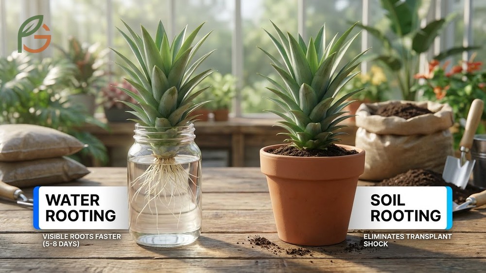 How to grow a pineapple using water or soil rooting methods to establish a healthy root system.