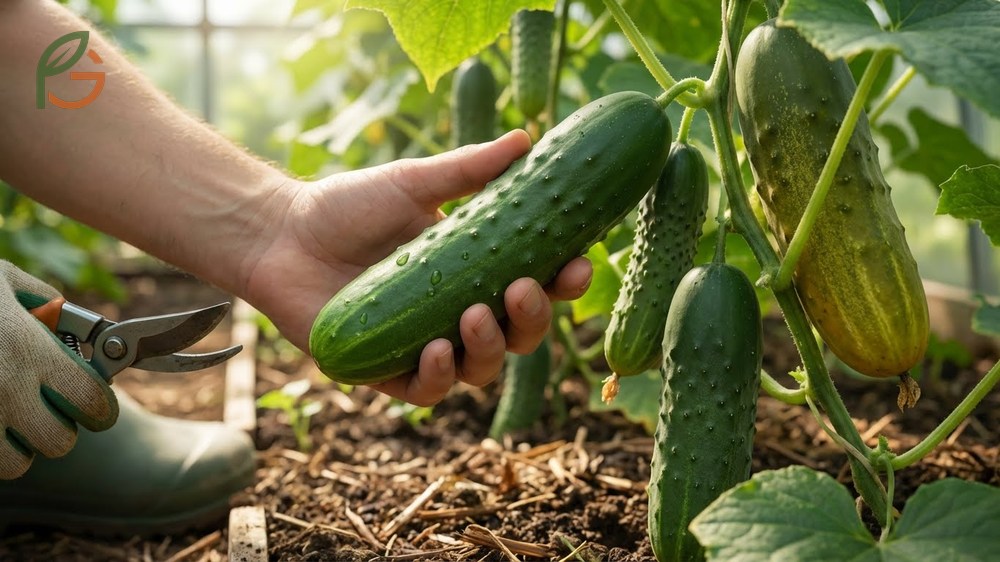 Hand gently squeezing a dark green cucumber on the vine to check firmness and glossy skin texture before picking.
