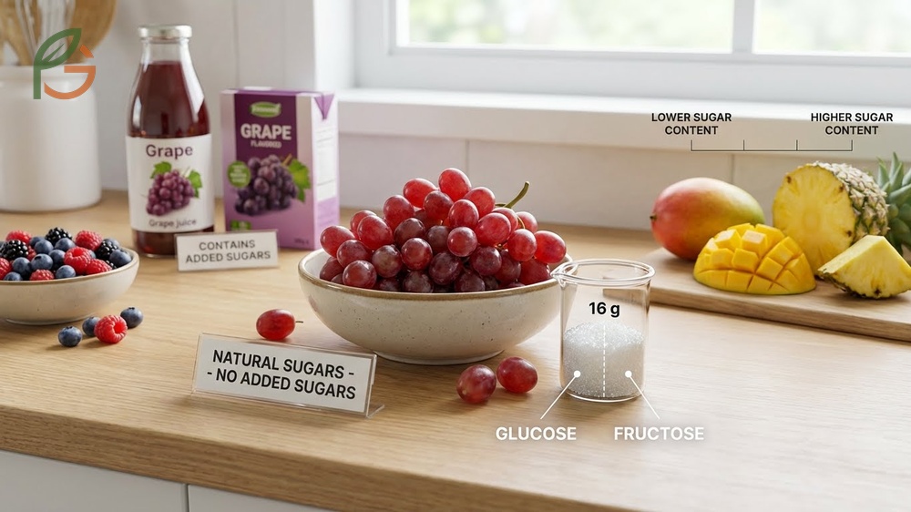 Sugar content in grapes explained with comparisons between natural sugars versus added sugars in juices.